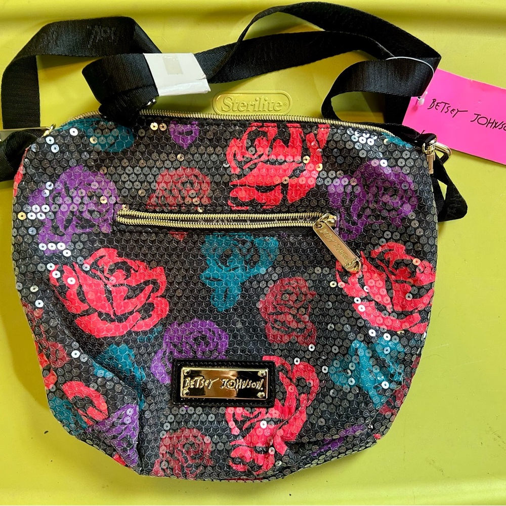 Betsey Johnson Sequin Floral Crossbody Bag - Black and Multicolor